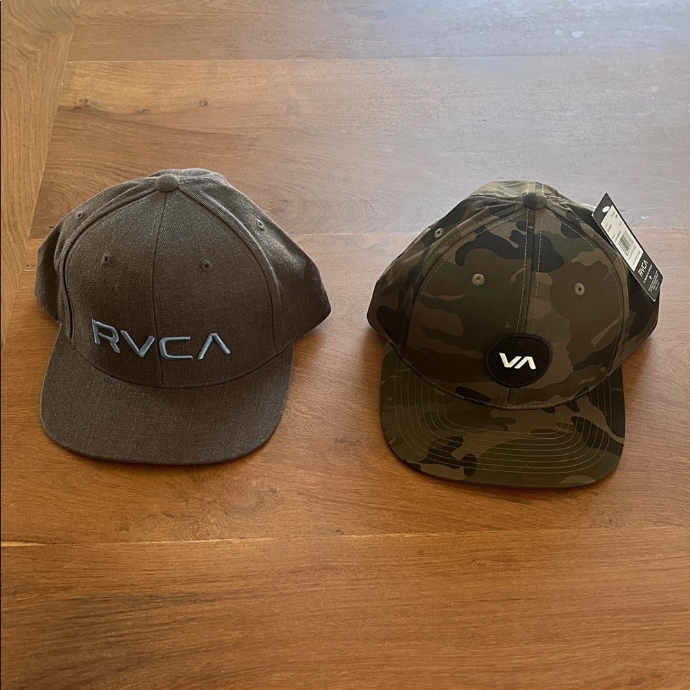 2 RVCA Snapbacks, Gray and Camouflage Caps Hats NWT NEW